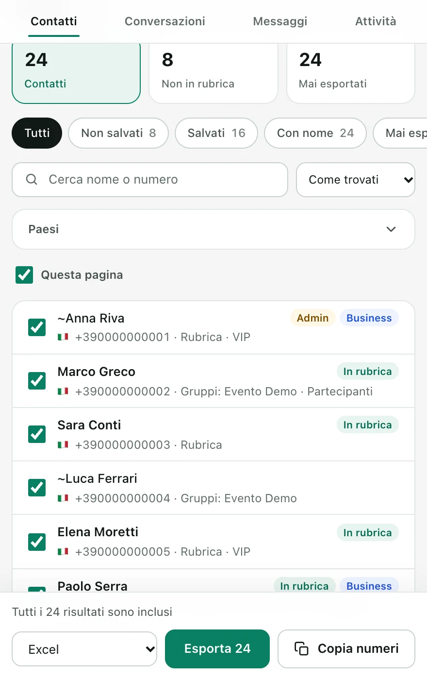 Anteprima reale di Snipdex con 24 contatti fittizi
